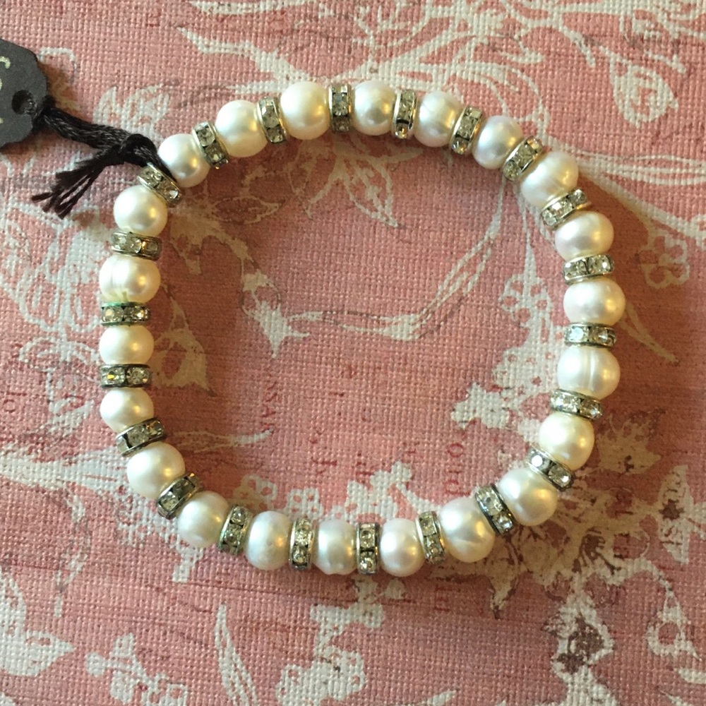 Pearl & Sterling Silver Bracelet W/ Swarovski NWOT